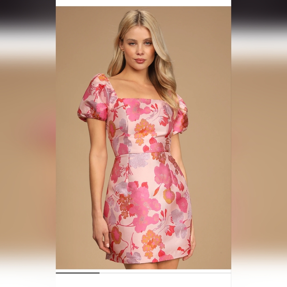 Lulu's Pink and Orange So Stunning Floral Puff Sleeve Dress
